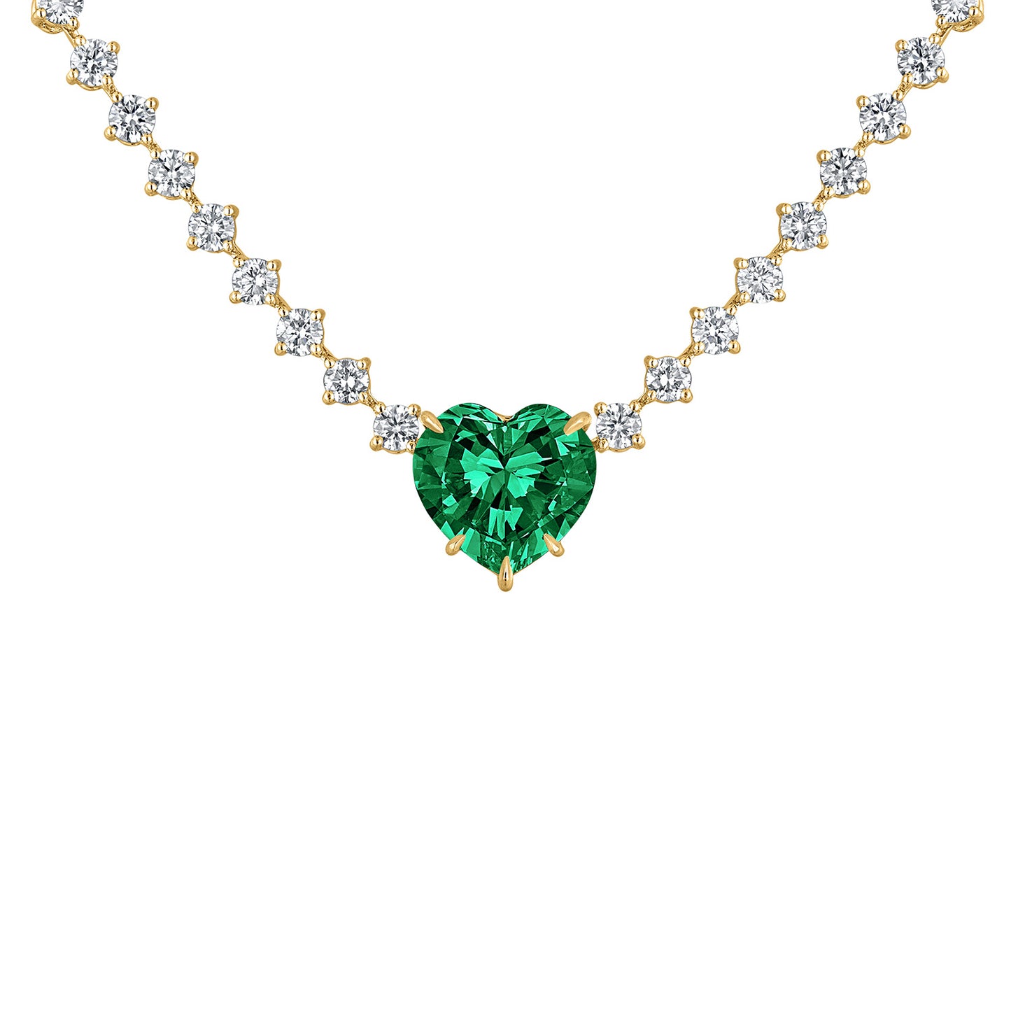 18 karat yellow gold necklace featuring a heart-shaped emerald surrounded by diamonds, offering a stunning contrast and luxurious appeal.