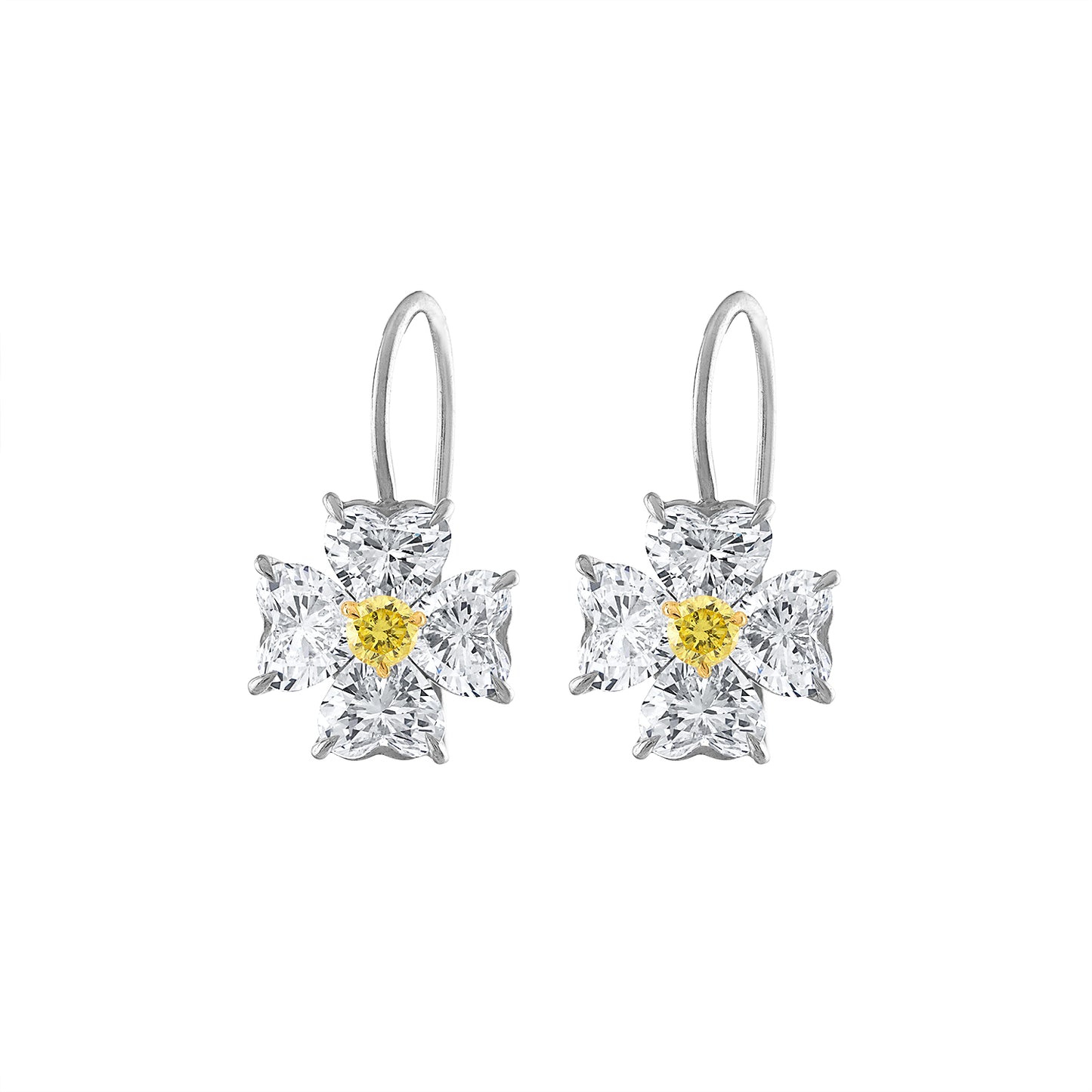 Heart Shape Yellow and Colorless Diamond Earrings