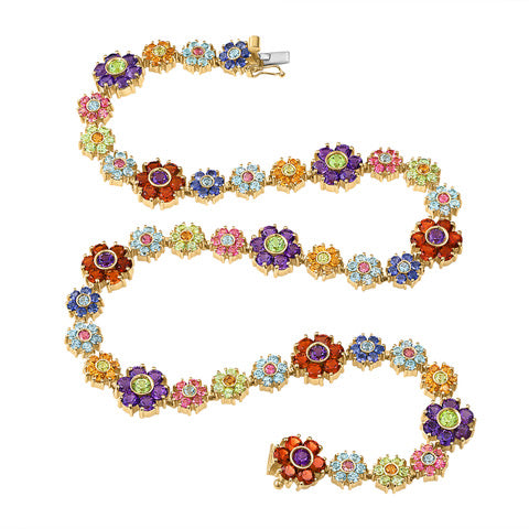 Full length view of the Multi Gemstone Floral Necklace with various gemstones like amethyst, peridot, sapphire, garnet, and aquamarine. Perfect for adding a splash of color.