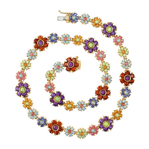 Spiral view of the Multi Gemstone Floral Necklace, showcasing a vibrant mix of gemstones including amethyst, peridot, sapphire, garnet, and aquamarine. Ideal for those who love colorful jewelry.