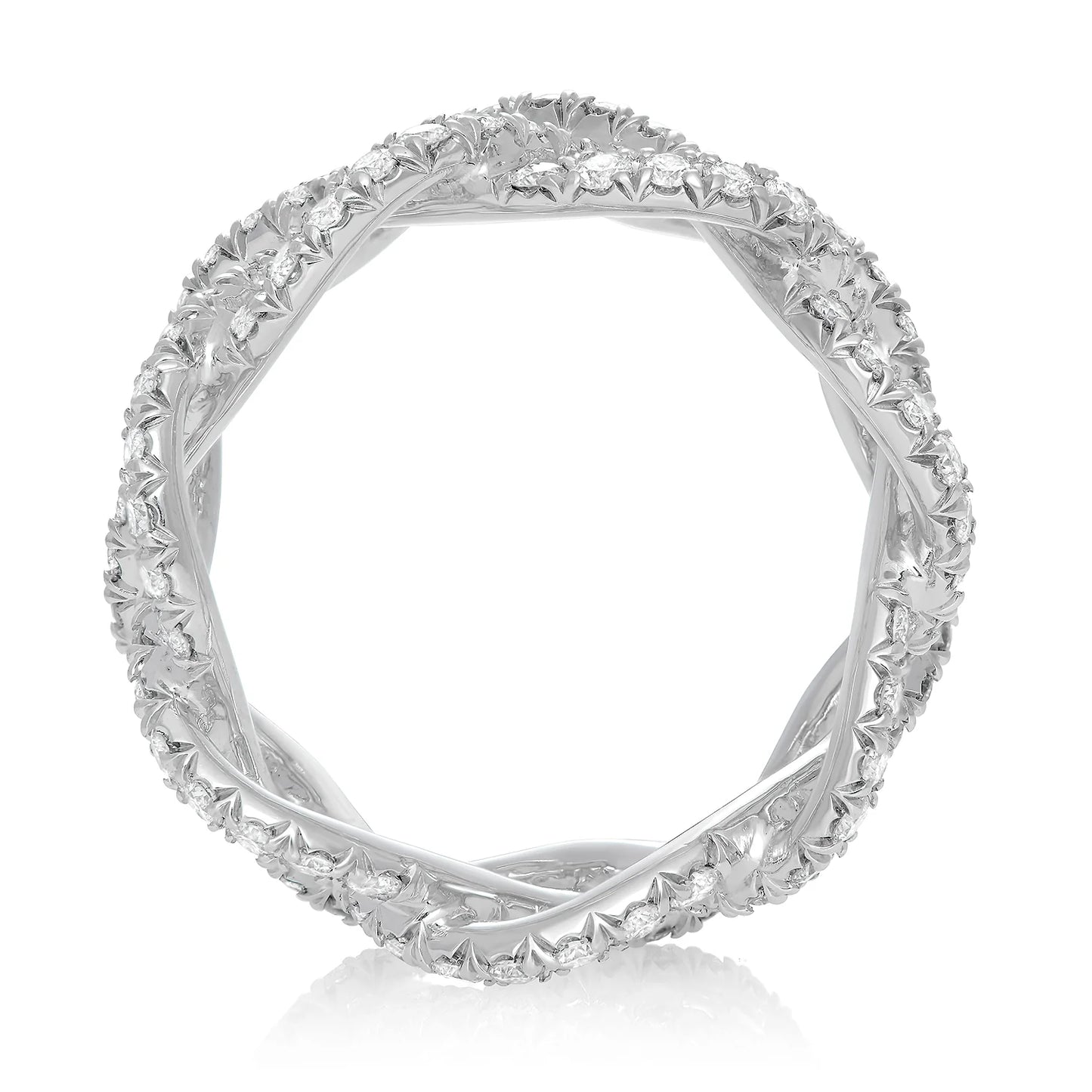 Side view of a platinum diamond pave ring, showcasing the three-row woven design that elegantly wraps around the band, highlighting the detailed craftsmanship and sparkling diamonds.