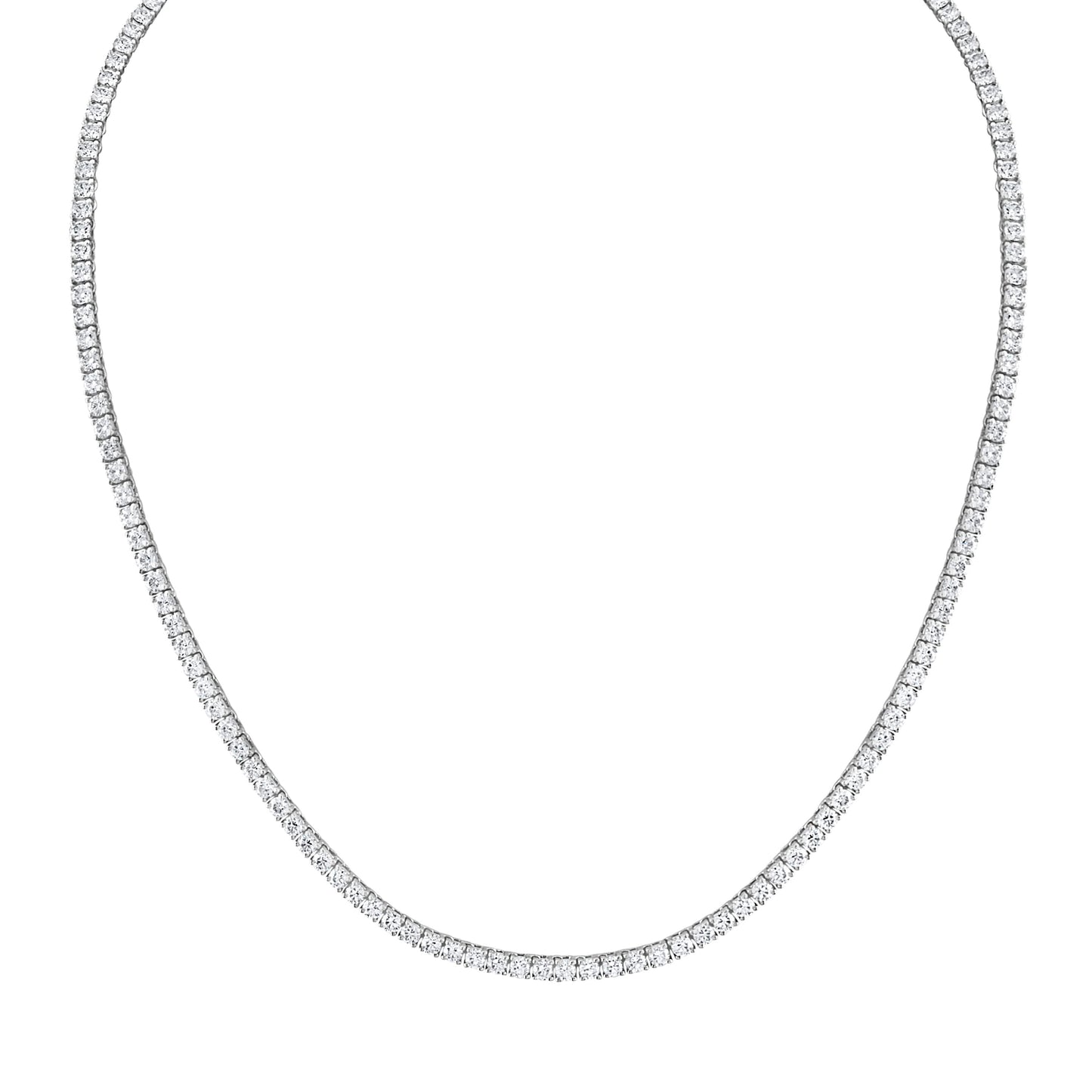 Elegant platinum Riviera necklace featuring 10 carats of natural diamonds with F-G color and VS1-VS2 clarity, set in a classic four-prong setting. Perfect for both stunning solo wear and for layering with other necklaces for a chic, everyday look.