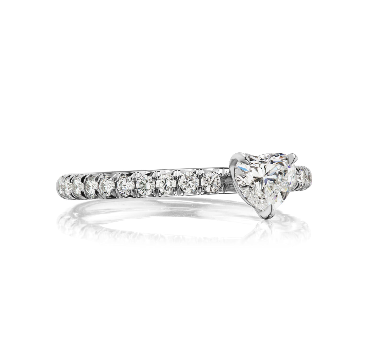 Elegant stackable platinum diamond heart ring by Susan Kottemann, perfect for integrating with wedding sets or other bands. Available for custom order in preferred sizes and materials. Crafted in New York.