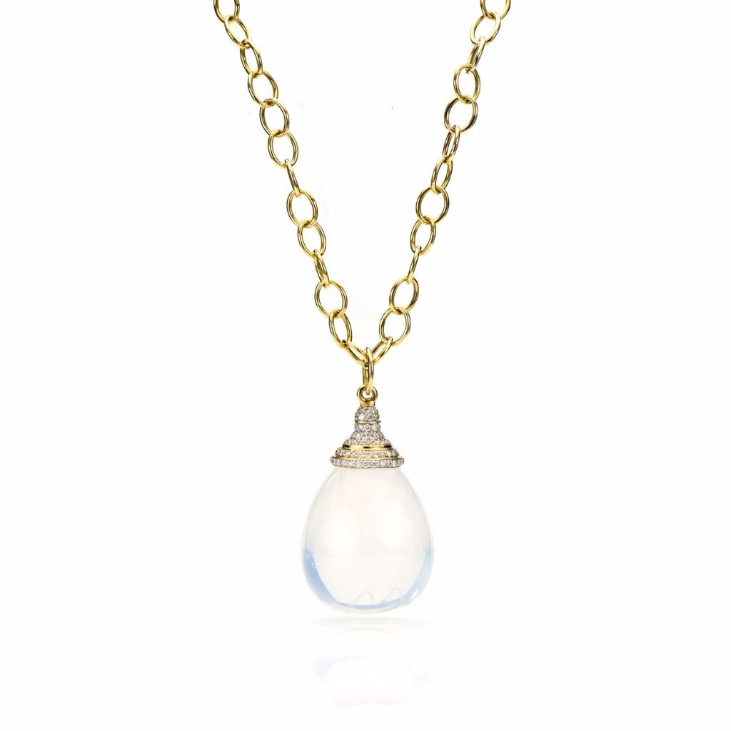 18K Gold, Diamond Pave & Moon Quartz Drop Pendant