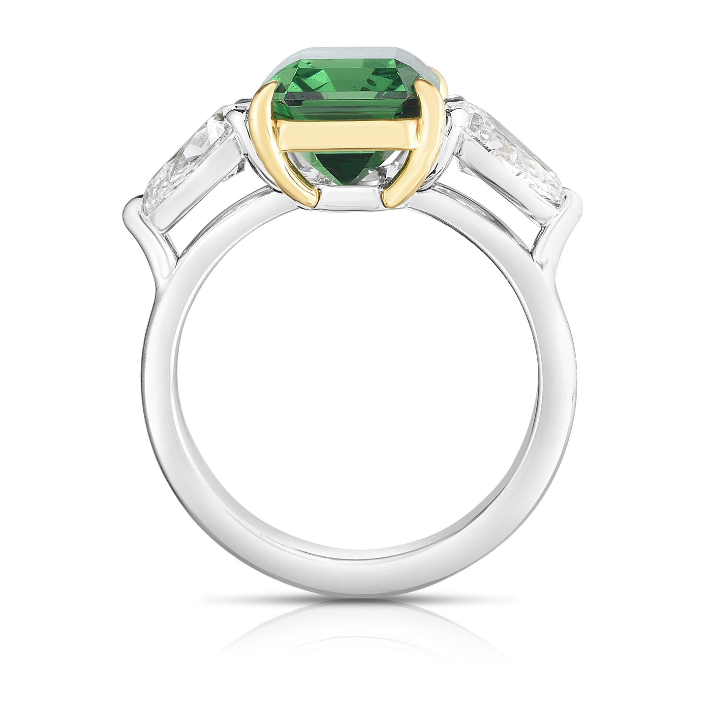 Emerald Cut Tsavorite & Pear Shape Diamond Three Stone Ring