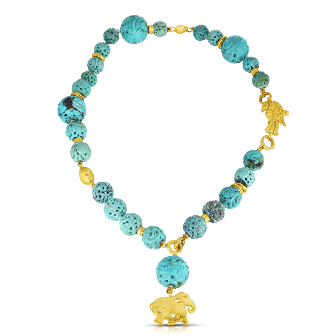 Image of Carved Turquoise and Gold Pendant Necklace