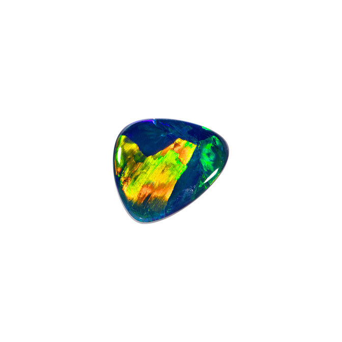 Gem quality 4.00 carat Australian black opal featuring stunning light flashes of orangey red, complemented by bright green and deep blue hues.