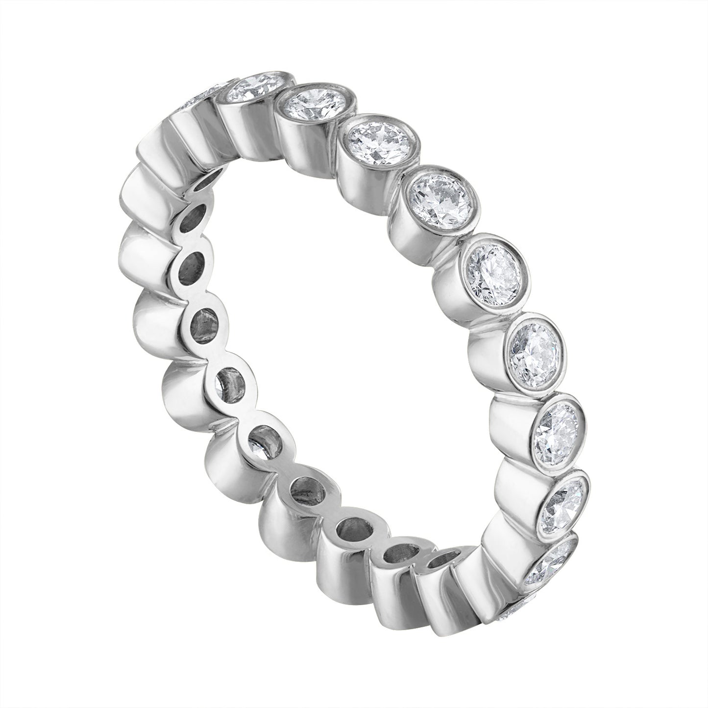Luxurious platinum band ring with top-quality, colorless diamonds arranged in a refined bezel setting. Designed for both sophistication and everyday elegance.