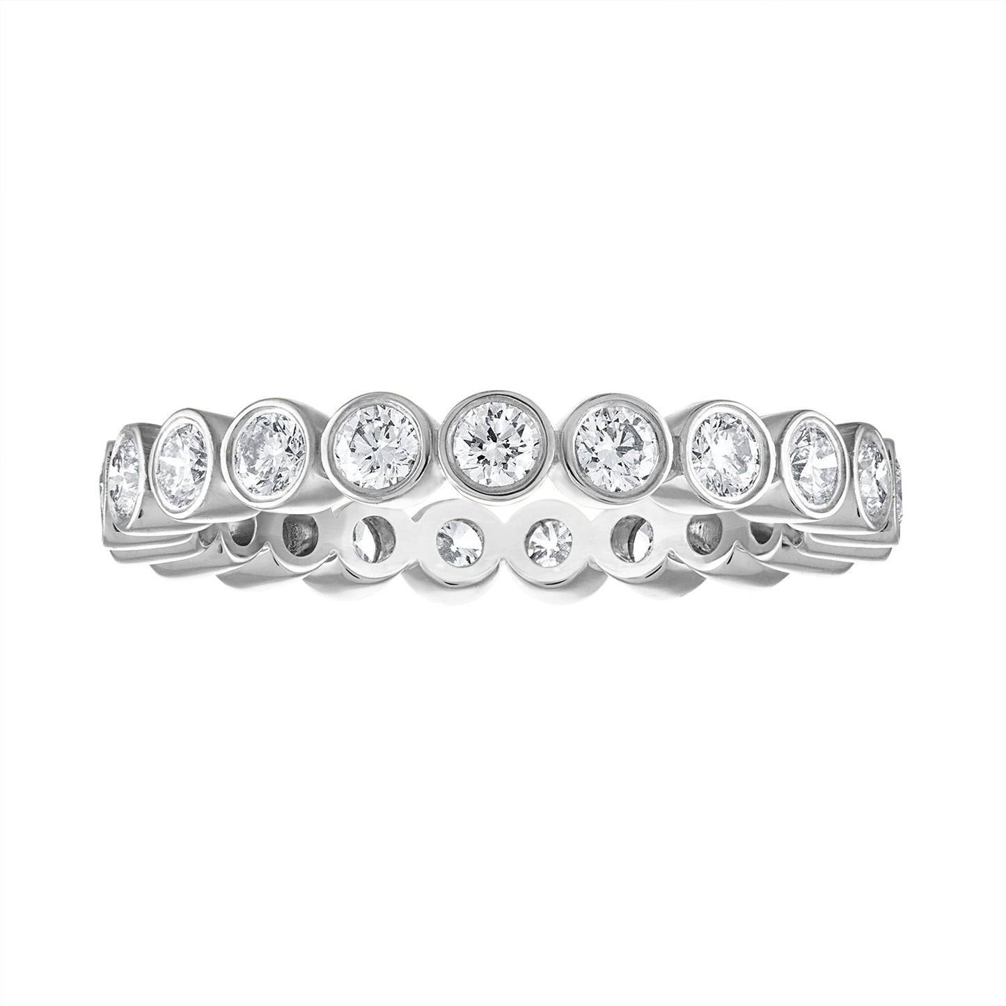 Sophisticated platinum band ring adorned with high-quality, colorless diamonds in a sleek bezel setting. Perfect for those seeking a blend of luxury and contemporary style.