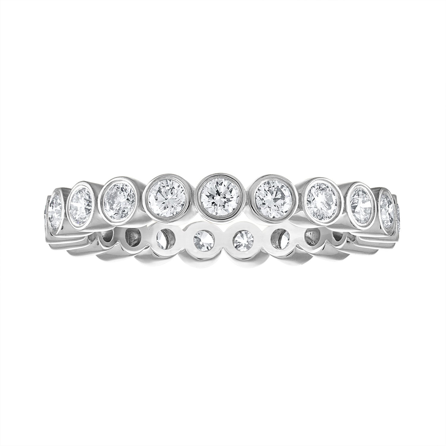 Sophisticated platinum band ring adorned with high-quality, colorless diamonds in a sleek bezel setting. Perfect for those seeking a blend of luxury and contemporary style.