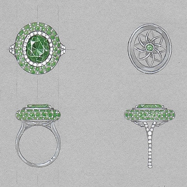 Traditional gouache illustration for custom jewelry design, crafted in New York City
