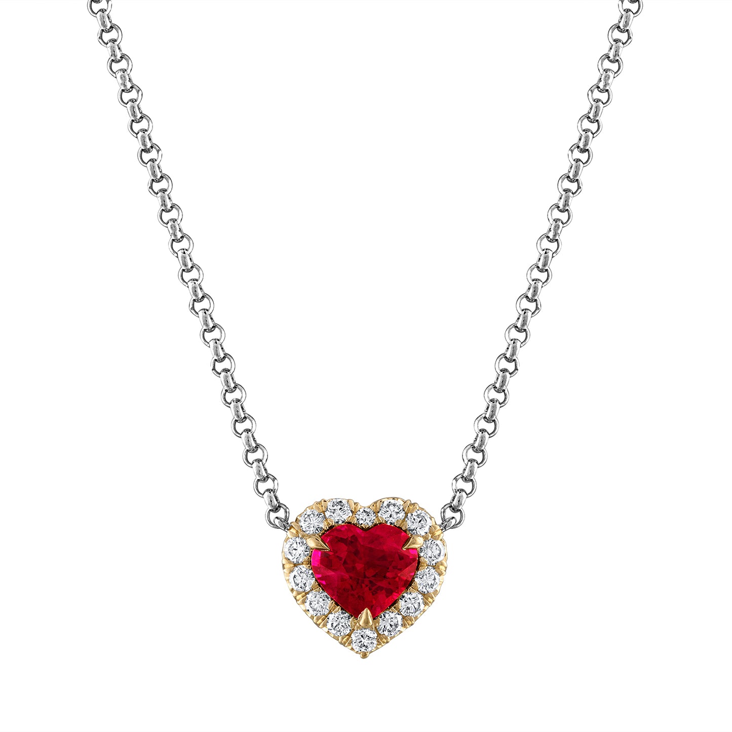 Stunning necklace with a two-carat heart-shaped Burmese ruby set in yellow gold, encircled by a halo of top-quality colorless diamonds. The pendant hangs from a platinum 'rolo' chain, offering a striking contrast and a versatile, stackable look.