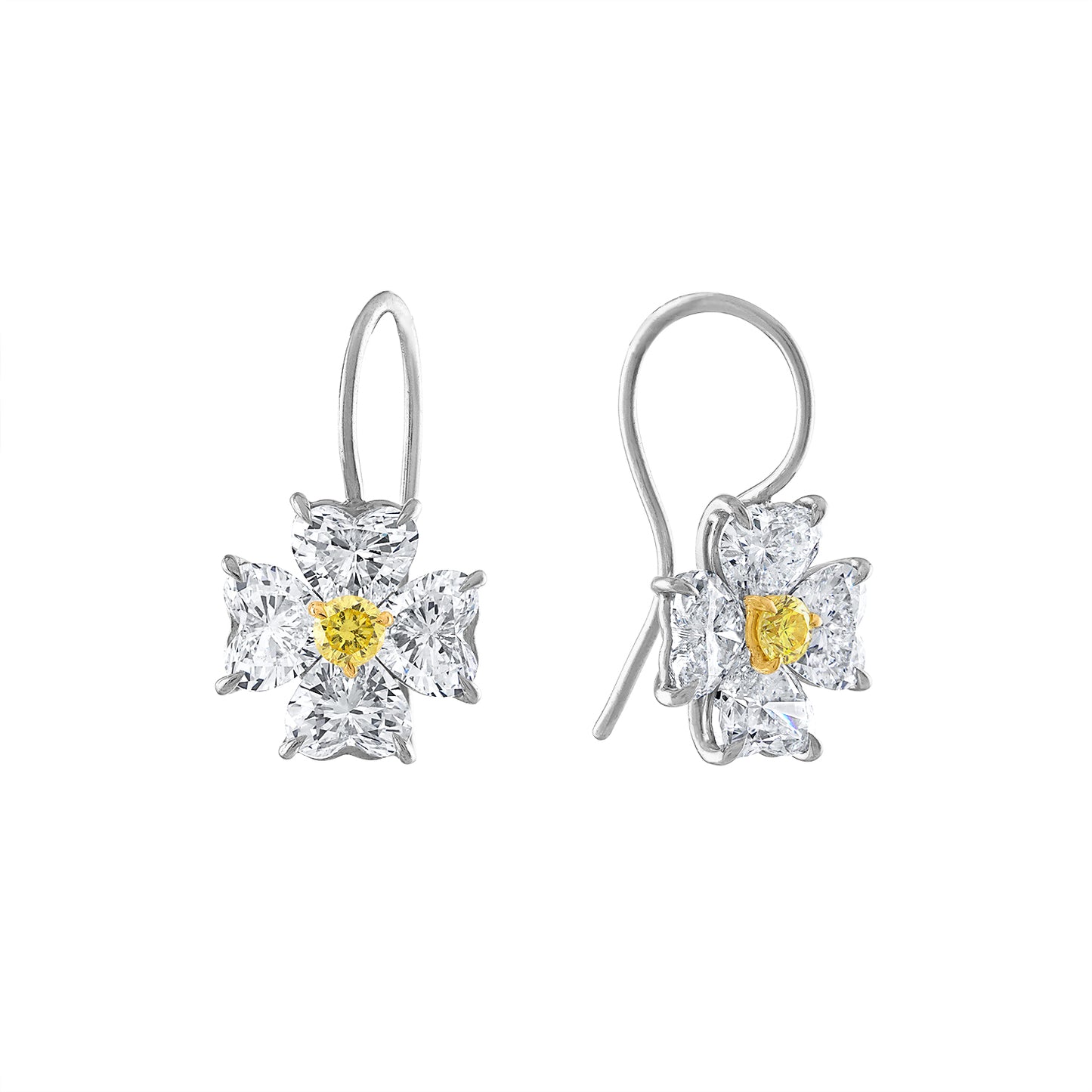 Heart Shape Yellow and Colorless Diamond Earrings