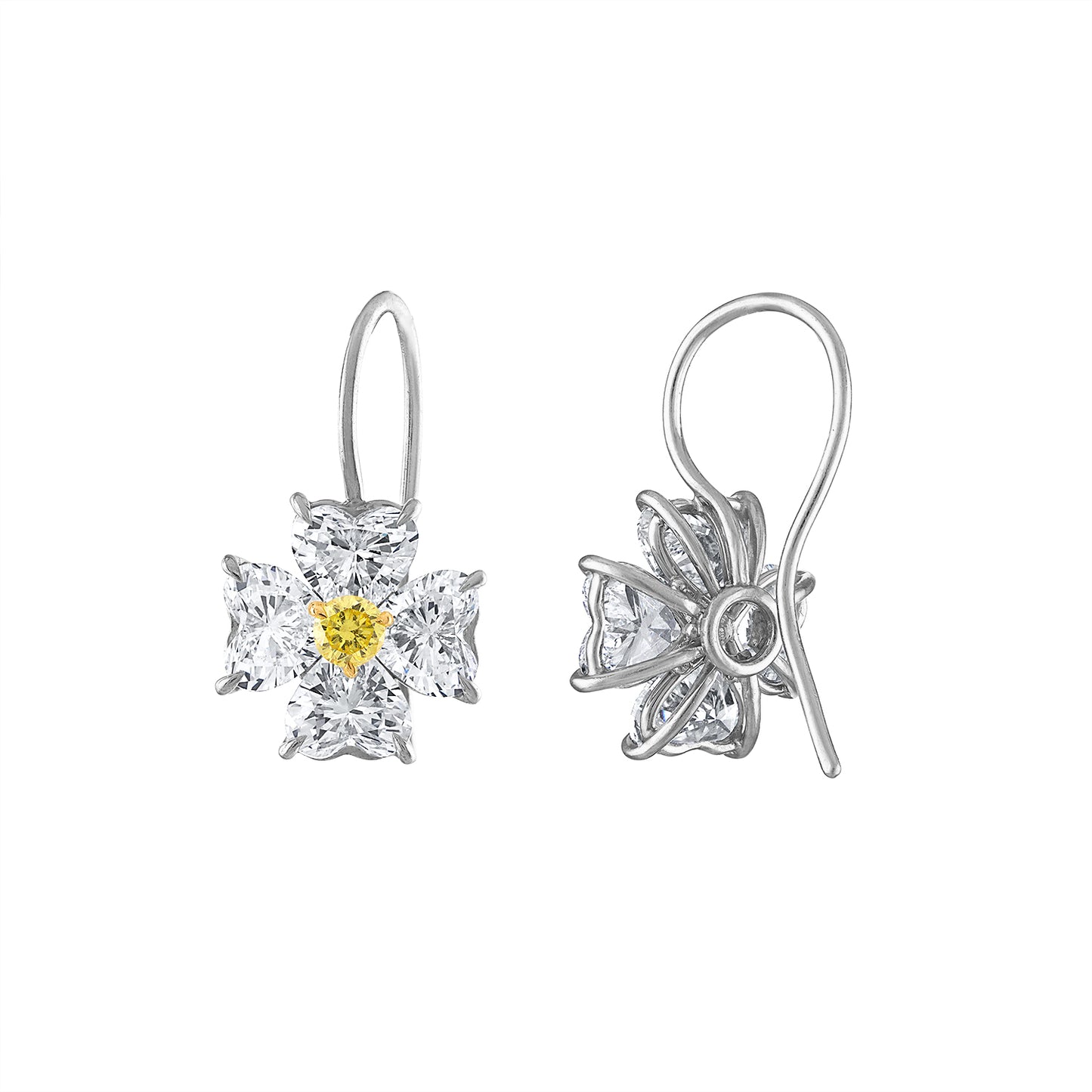 Heart Shape Yellow and Colorless Diamond Earrings