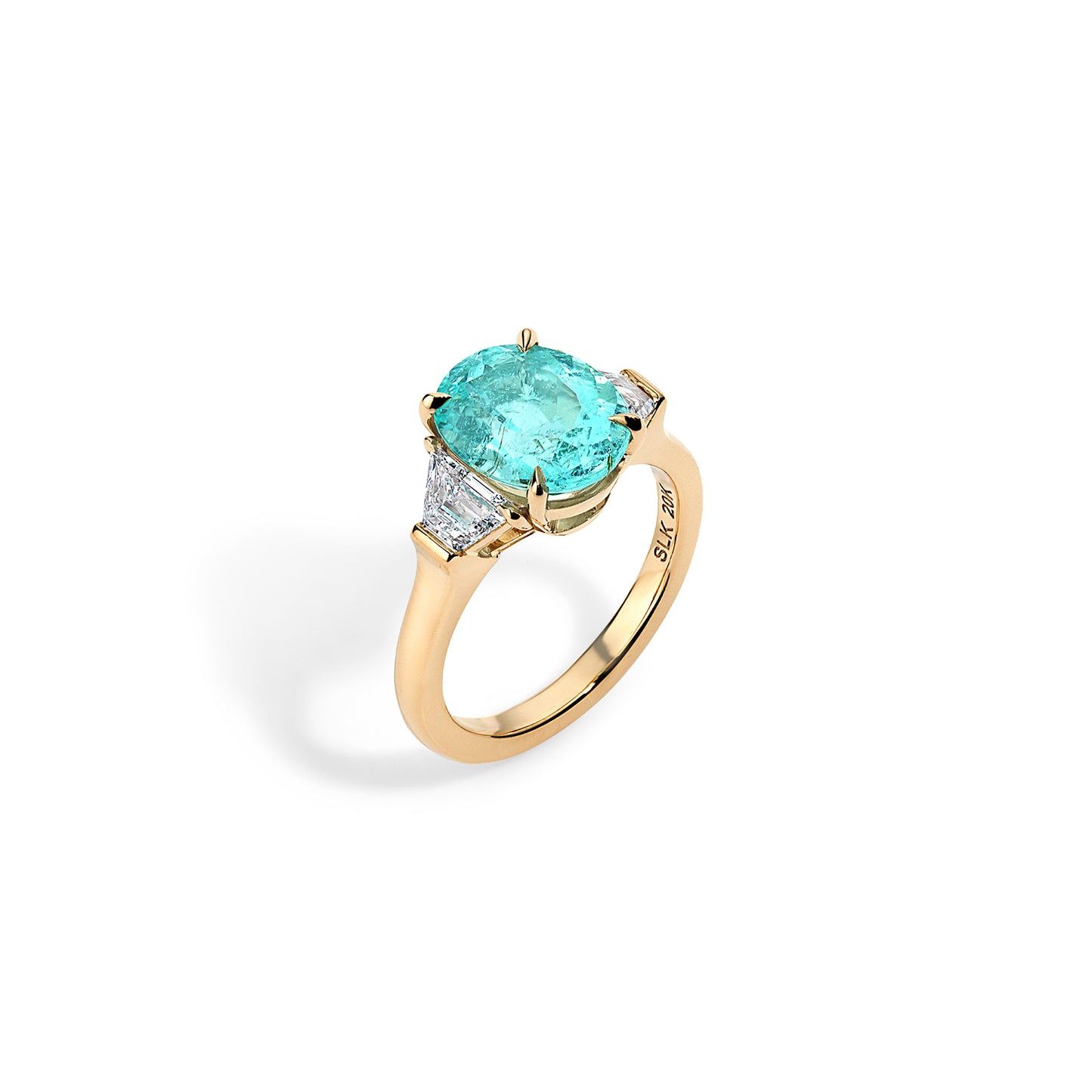 Paraiba Tourmaline & Trapezoid Diamond Three Stone Ring
