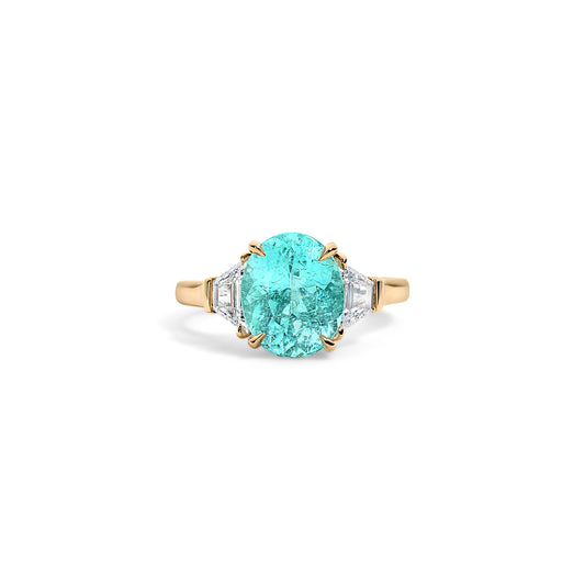 Paraiba Tourmaline & Trapezoid Diamond Three Stone Ring