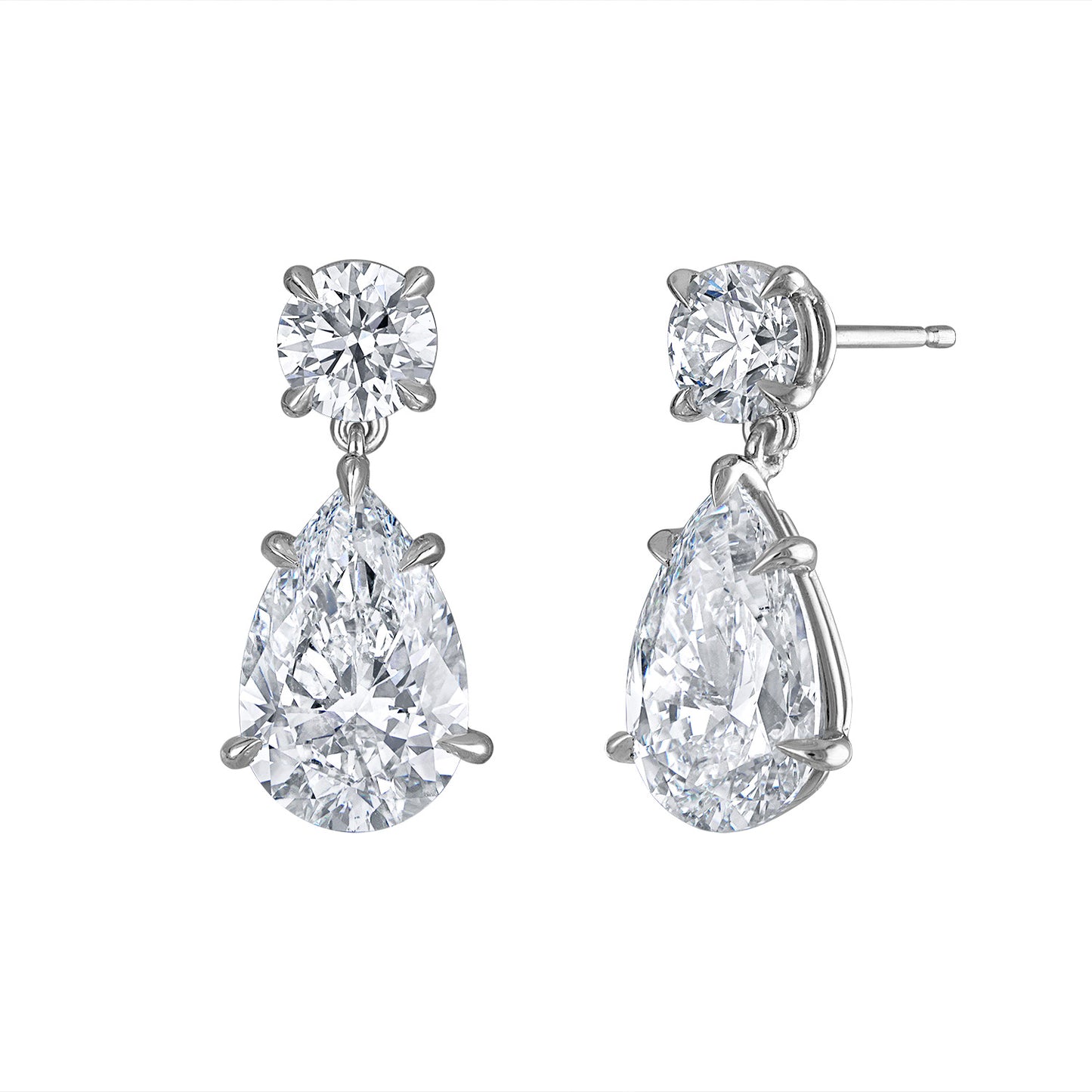 Round Brilliant and Pear Shape Diamond Drop Earrings in Platinum
