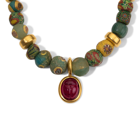 Ancient Bead, 22k Gold, & Rubellite Scarab Necklace