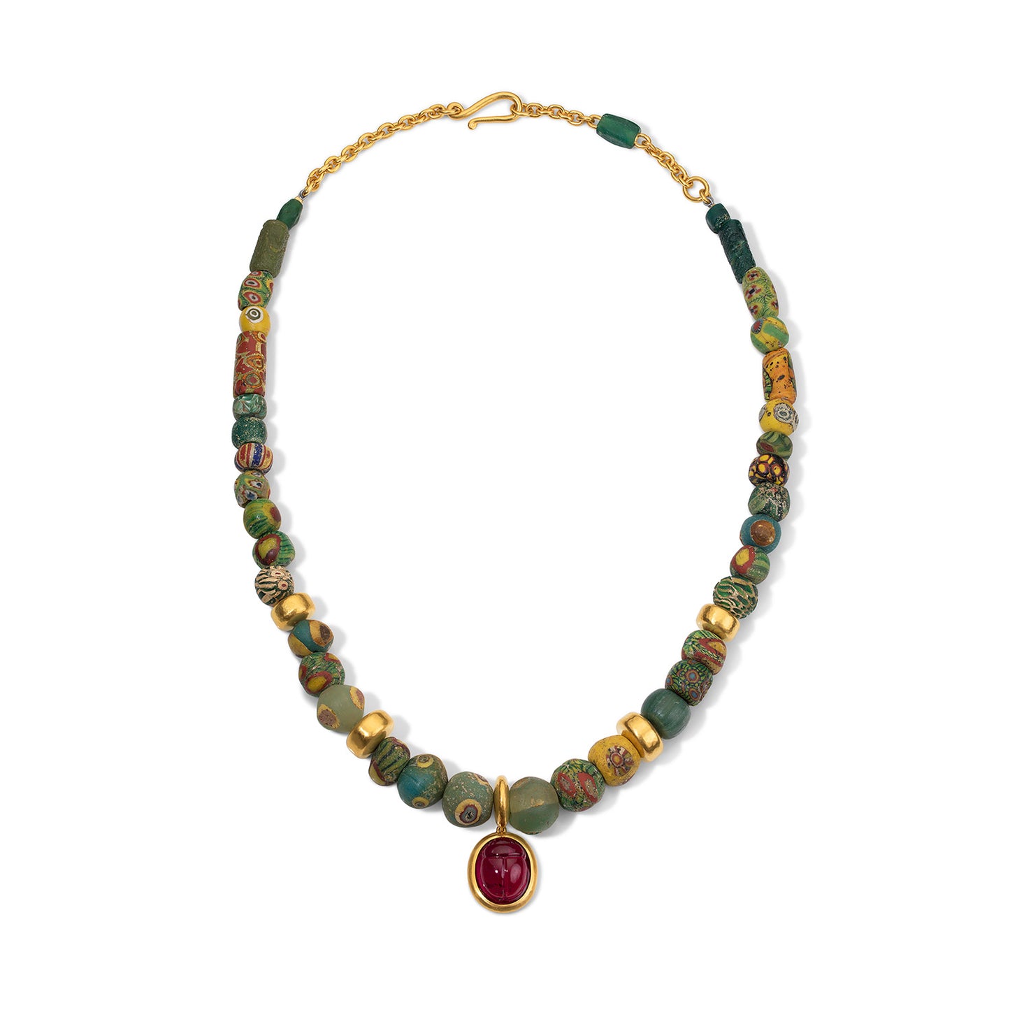 Ancient Bead, 22k Gold, & Rubellite Scarab Necklace