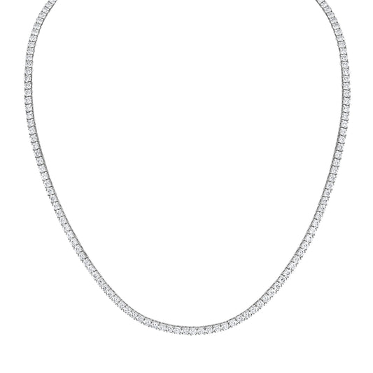 Elegant platinum Riviera necklace featuring 10 carats of natural diamonds with F-G color and VS1-VS2 clarity, set in a classic four-prong setting. Perfect for both stunning solo wear and for layering with other necklaces for a chic, everyday look.