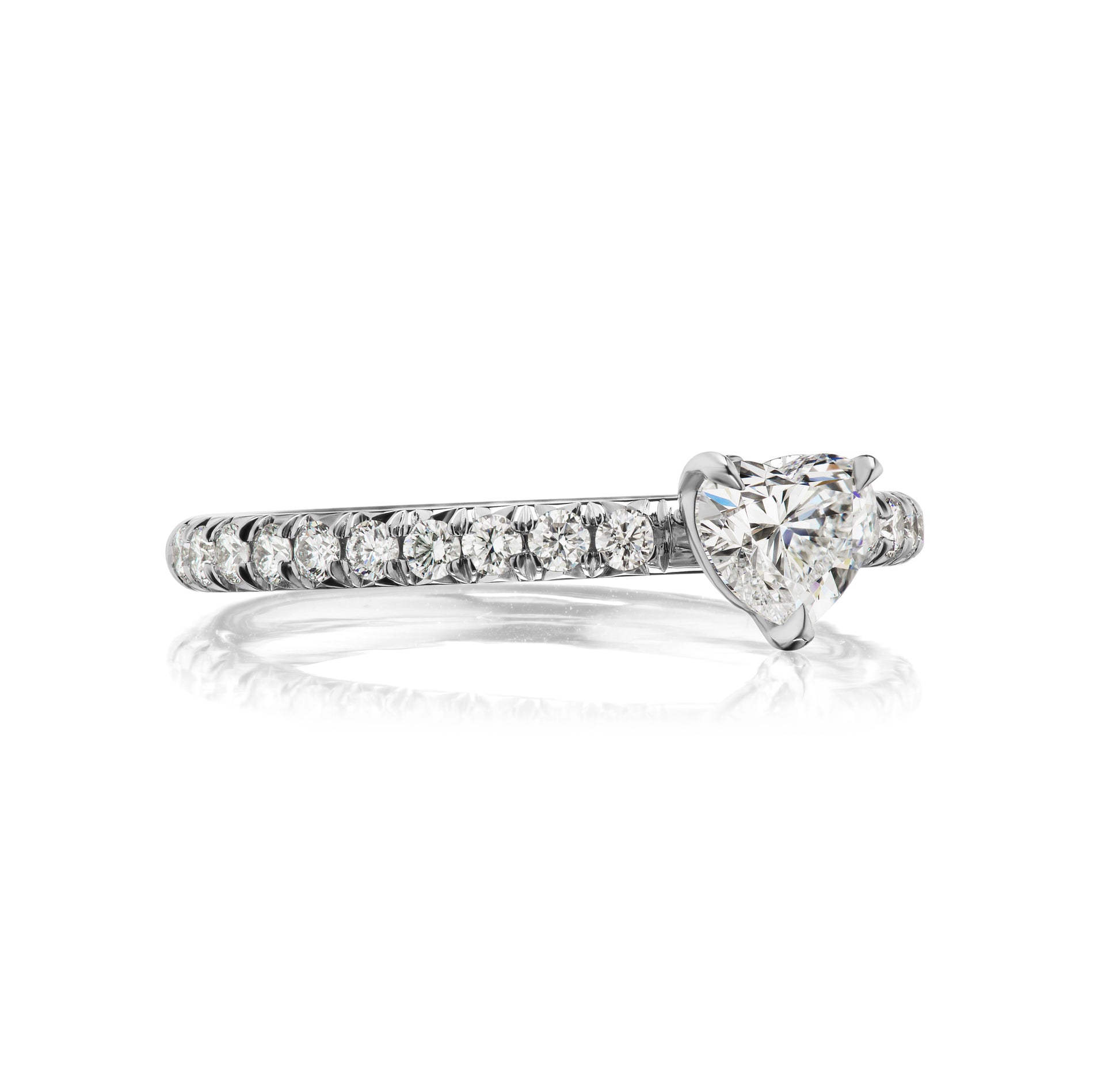 Elegant stackable platinum diamond heart ring by Susan Kottemann, perfect for integrating with wedding sets or other bands. Available for custom order in preferred sizes and materials. Crafted in New York.