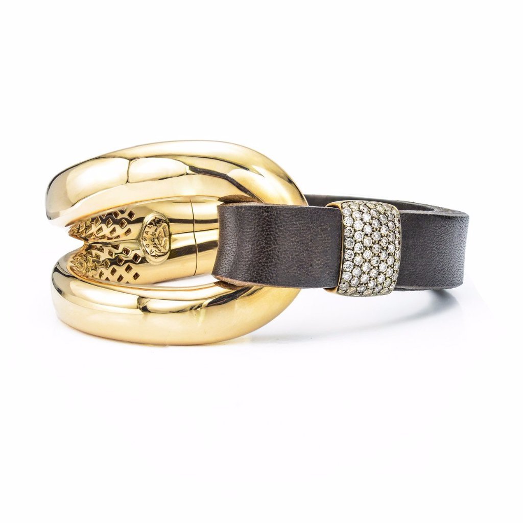 18K Gold, Brown Leather & Diamond Pave Cuff Bracelet