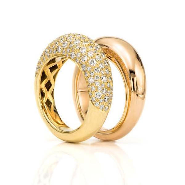 18K Pink Gold Dome Ring with 18K Pave Diamond Dome Ring