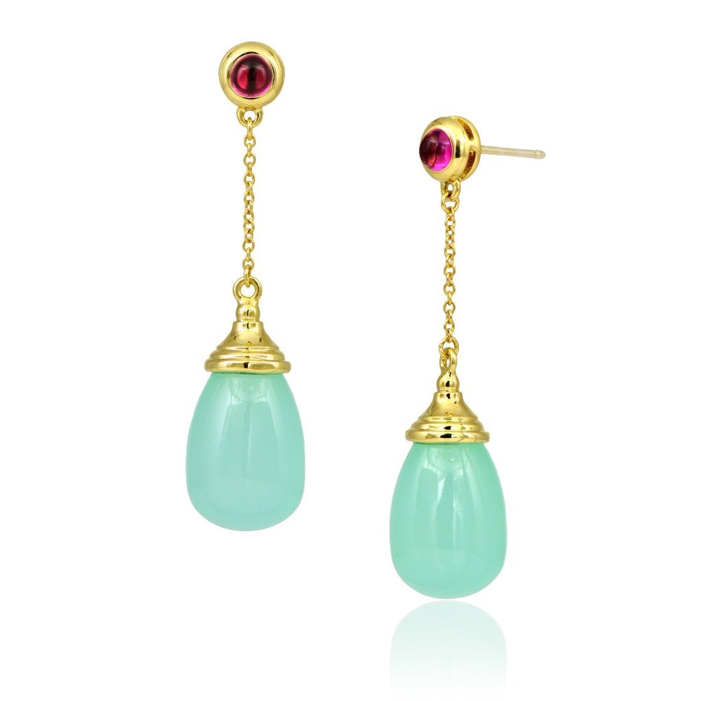 18K, Rubellite & Chalcedony Drop Earrings