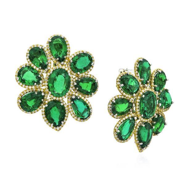 18K Yellow Gold, Diamond Pave & Emerald Cluster Earrings