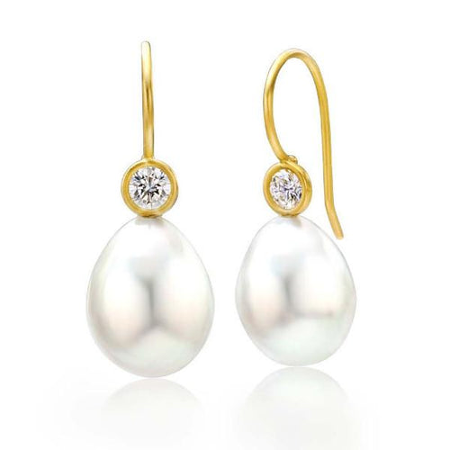 20K Gold, South Sea Pearl & Diamond Drop Earrings