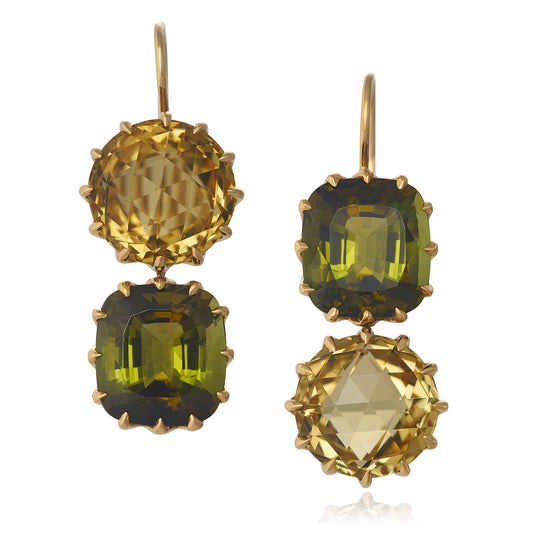 Asymmetrical Tourmaline & Yellow Beryl Earrings