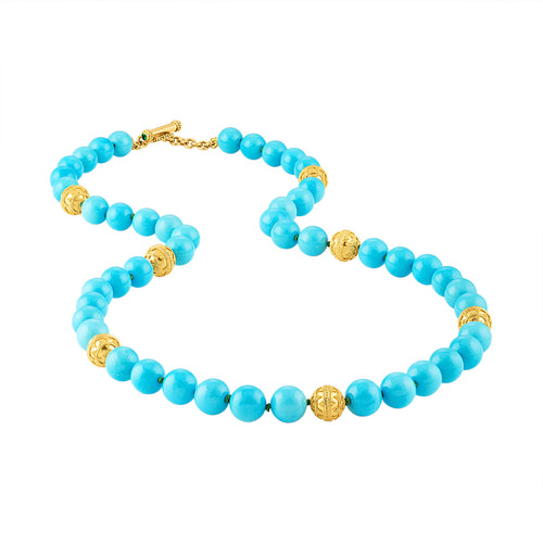 Natural Sleeping Beauty Turquoise and 24K Gold Bead Necklace