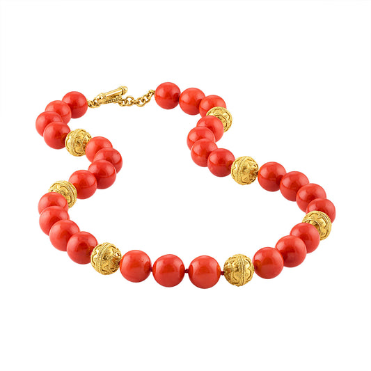 Natural Sardinian Coral and 24K Granulated Bead Necklace