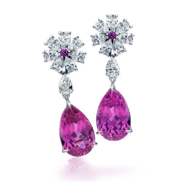 Platinum, Diamond, Sapphire & Rubellite Floral Motif Earrings