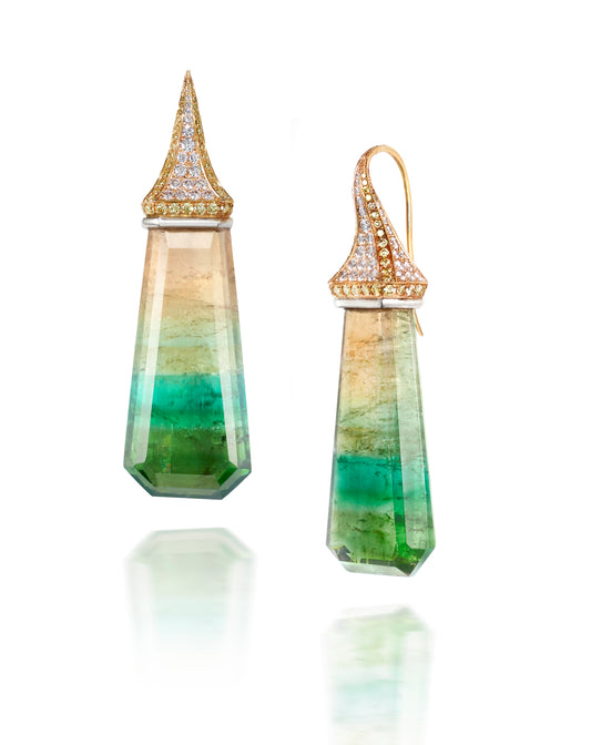 Tourmaline Drop Earrings with Pave Diamond "Towers"