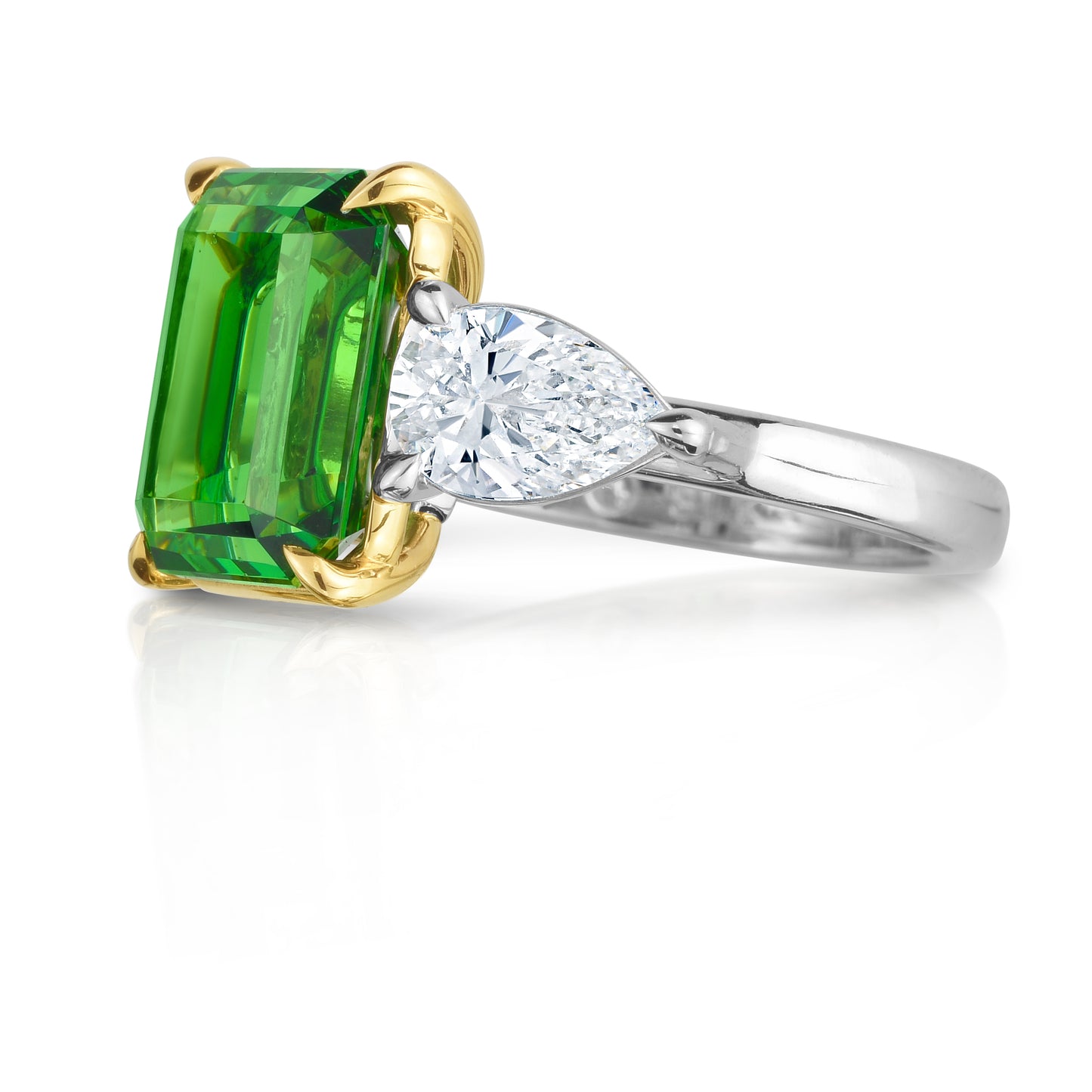 Emerald Cut Tsavorite and Pear Shape Diamond Three Stone Ring