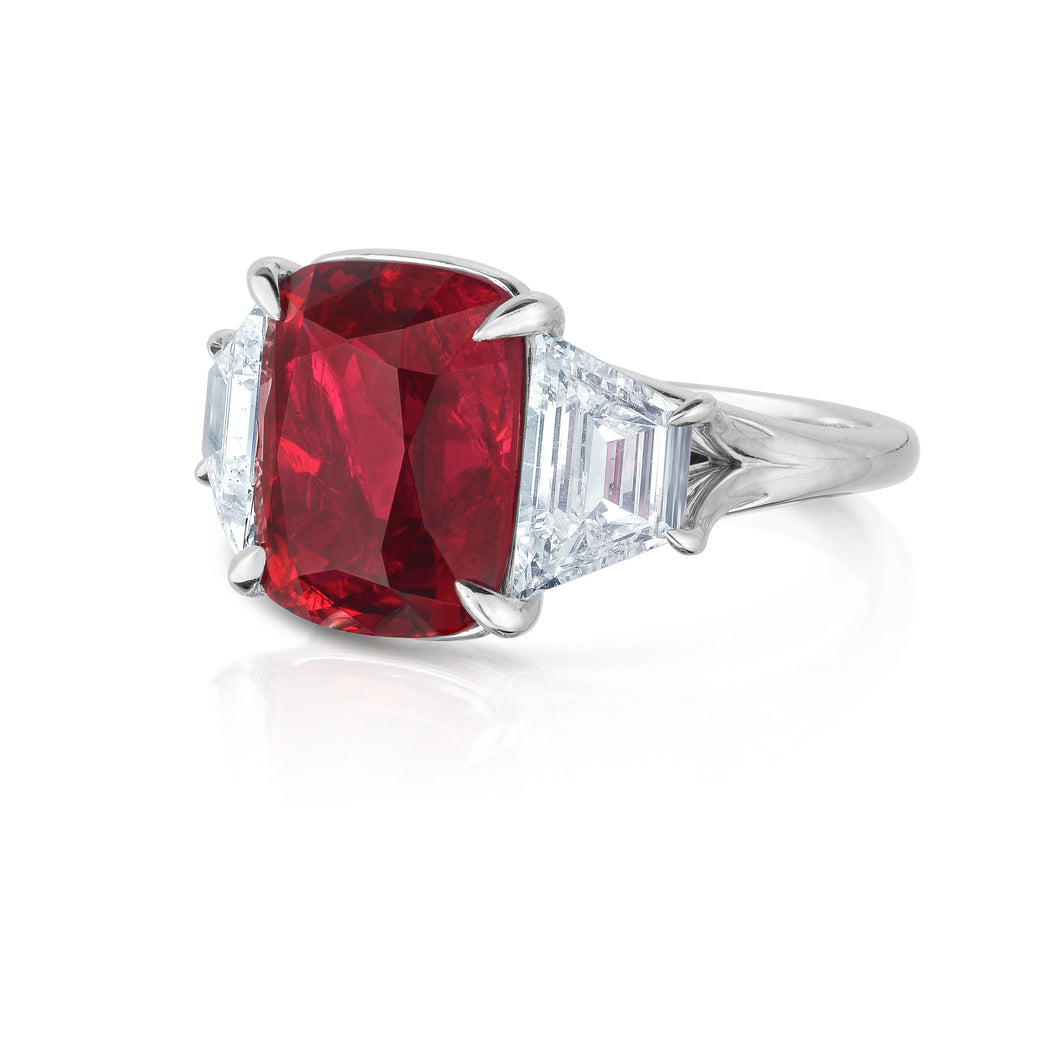 Burmese Red Spinel and Diamond Three Stone Ring
