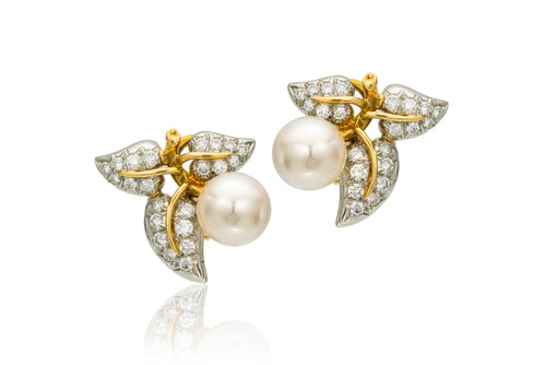 Vintage Schlumberger Two-Tone Diamond Leaf and Pearl Earrings