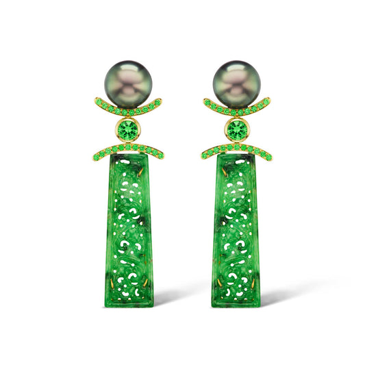 Tahitian Pearl, Carved Jade, & Tsavorite Earrings by Assael