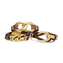 Load image into Gallery viewer, 18K Gold, Brown Leather &amp; Diamond Pave Cuff Bracelet